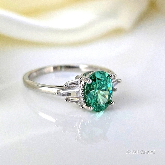 Sterling Silver White Gold Oval Mint Sapphire & Baguette CZ Diamond Side Stones - Picture 4 of 11